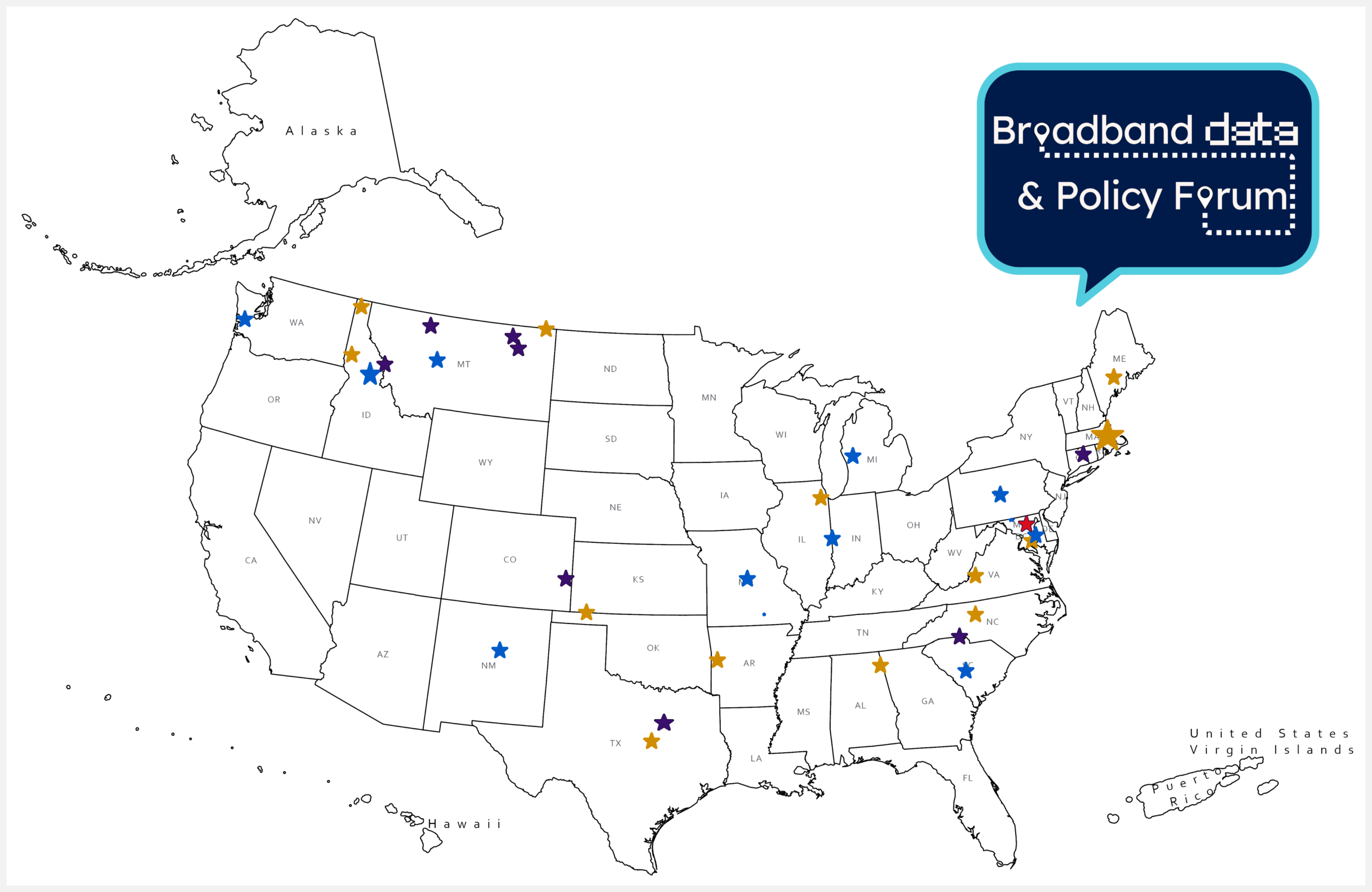 A back and white map of the United States of America, with multi-colored stars representing locations of where some members are located.